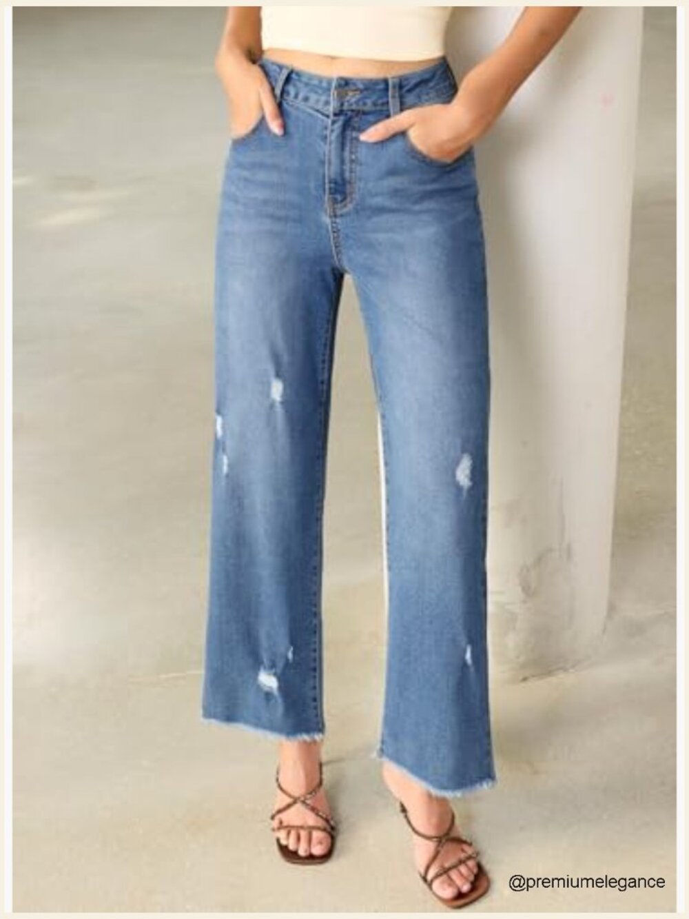 Wide Leg Stretchy Distressed Raw Hem Ankle Jeans with Pockets - Picture 2 of 7